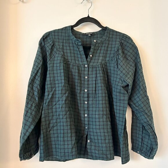 Madewell Plaid Balloon-Sleeve Peasant Top Green Black Size XS - Picture 3 of 8
